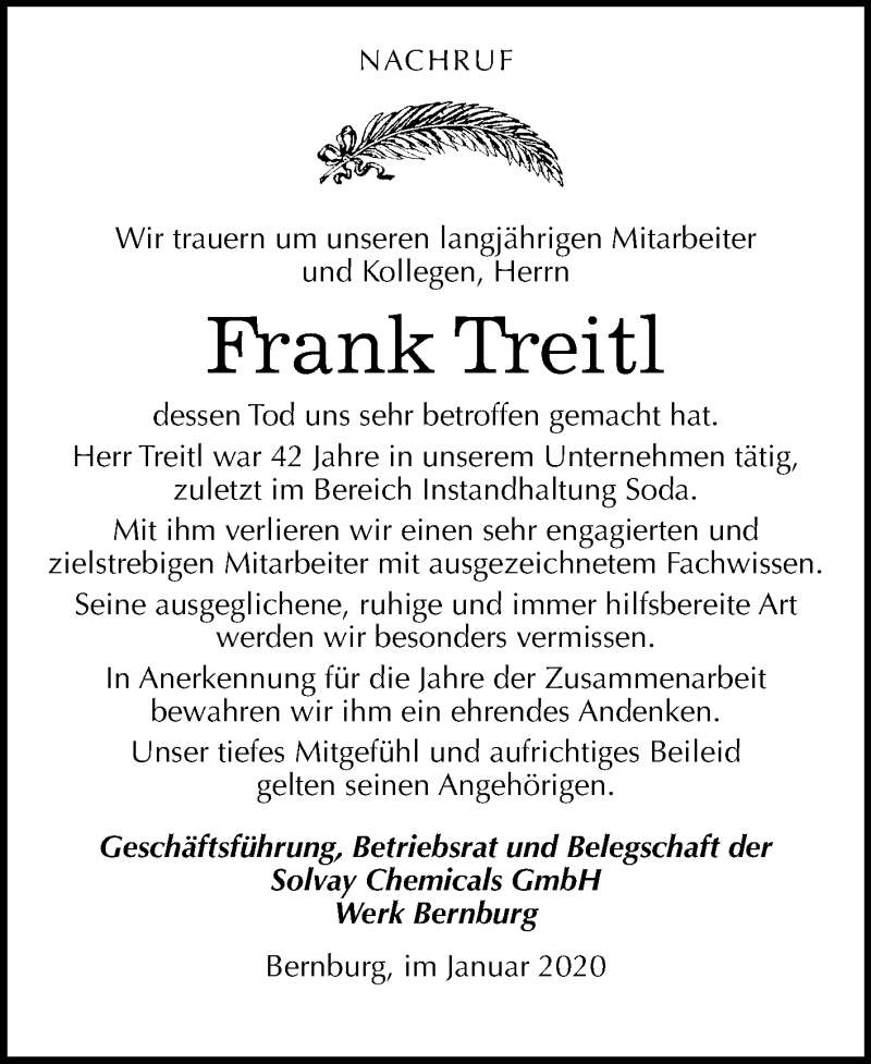  Traueranzeige für Frank Treitl vom 18.01.2020 aus Super Sonntag Bernburg
