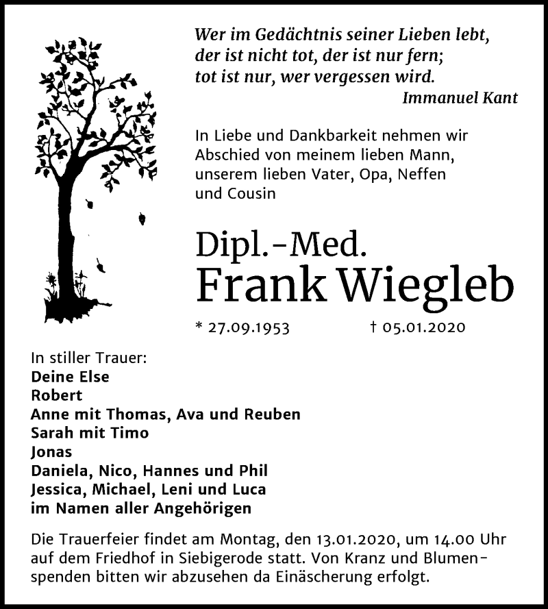  Traueranzeige für Frank Wiegleb vom 10.01.2020 aus Mitteldeutsche Zeitung Sangerhausen