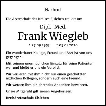 Traueranzeige von Frank Wiegleb von Super Sonntag Mansfelder Land