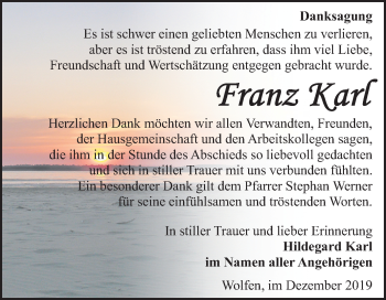 Traueranzeige von Franz Karl von Mitteldeutsche Zeitung Bitterfeld