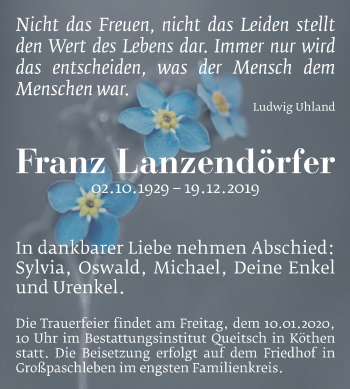 Traueranzeige von Franz Lanzendörfer von Super Sonntag Köthen