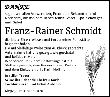 Traueranzeige von Franz-Rainer Schmidt von Mitteldeutsche Zeitung Köthen