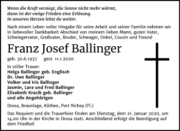 Traueranzeige von Franz Josef Ballinger von Super Sonntag Köthen