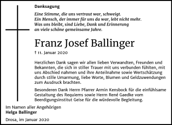 Traueranzeige von Franz Josef Ballinger von Mitteldeutsche Zeitung Köthen