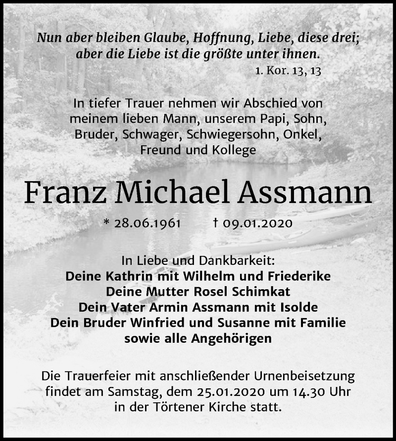  Traueranzeige für Franz Michael Assmann vom 18.01.2020 aus Super Sonntag Dessau-Roßlau