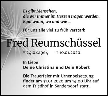 Traueranzeige von Fred Reumschüssel von Wochenspiegel Bitterfeld
