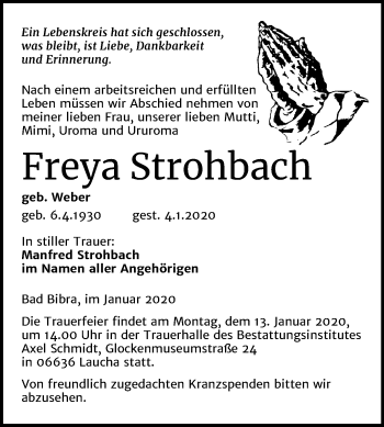 Traueranzeige von Freya Strohbach von Mitteldeutsche Zeitung Naumburg/Nebra