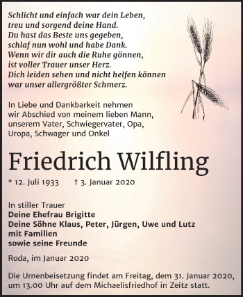 Traueranzeige von Friedrich Wilfling von Mitteldeutsche Zeitung Zeitz