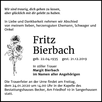 Traueranzeige von Fritz Bierbach von Super Sonntag Sangerhausen