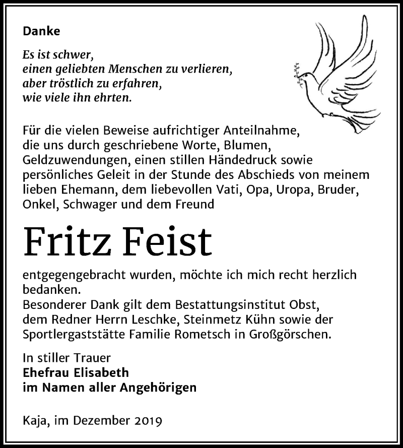  Traueranzeige für Fritz Feist vom 31.12.2019 aus Wochenspiegel Weißenfels