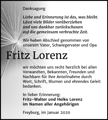 Traueranzeige von Fritz Lorenz von Wochenspiegel Naumburg/Nebra