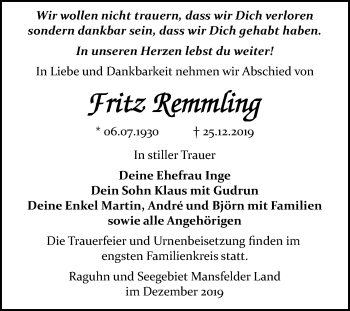Traueranzeige von Fritz Remmling von Mitteldeutsche Zeitung Bitterfeld