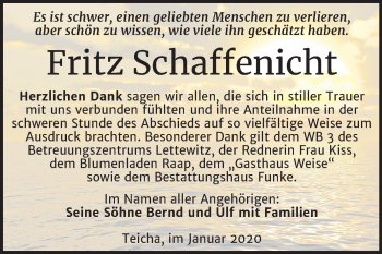 Traueranzeige von Fritz Schaffenicht von Mitteldeutsche Zeitung Halle/Saalkreis