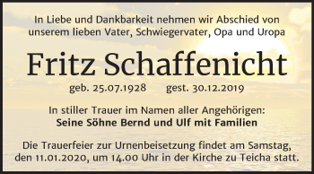 Traueranzeige von Fritz Schaffenicht von Mitteldeutsche Zeitung Halle/Saalkreis
