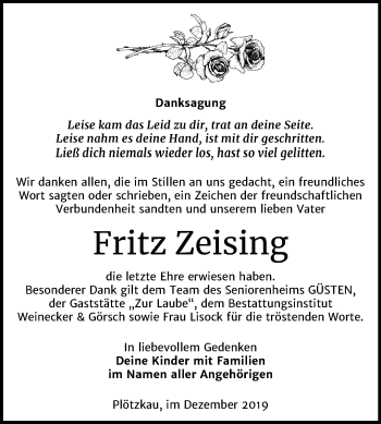 Traueranzeige von Fritz Zeising von Mitteldeutsche Zeitung Bernburg