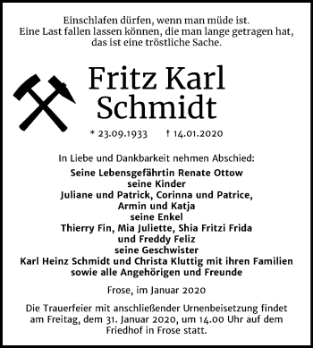 Traueranzeige von Fritz Karl Schmidt von Super Sonntag Aschersleben