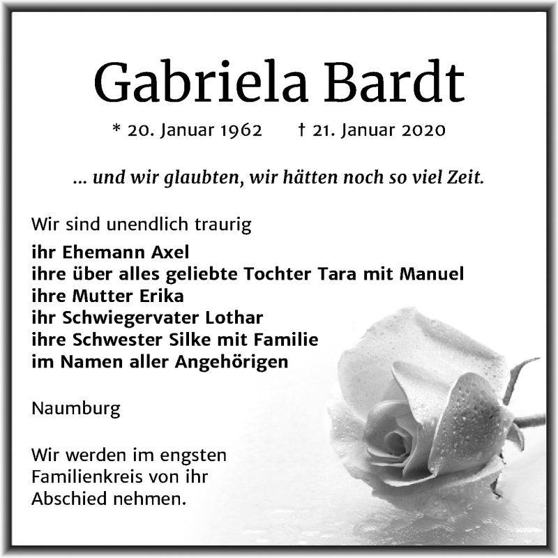  Traueranzeige für Gabriela Bardt vom 29.01.2020 aus Wochenspiegel Naumburg/Nebra