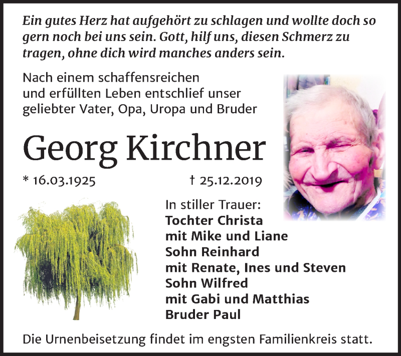  Traueranzeige für Georg Kirchner vom 11.01.2020 aus Mitteldeutsche Zeitung Dessau-Roßlau