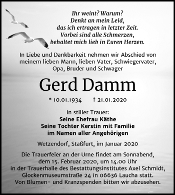 Traueranzeige von Gerd Damm von Mitteldeutsche Zeitung Naumburg/Nebra