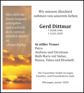 Traueranzeige von Gerd Dittmar von Mitteldeutsche Zeitung Sangerhausen
