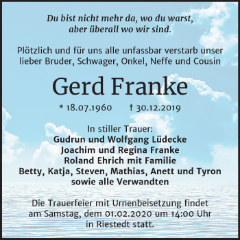 Traueranzeige von Gerd Franke von Mitteldeutsche Zeitung Sangerhausen