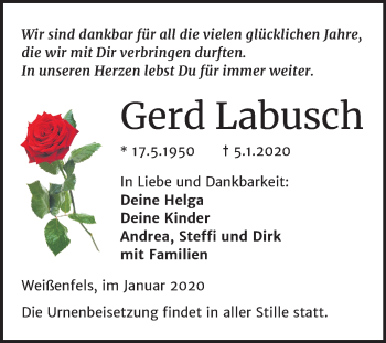 Traueranzeige von Gerd Labusch von Mitteldeutsche Zeitung Weißenfels