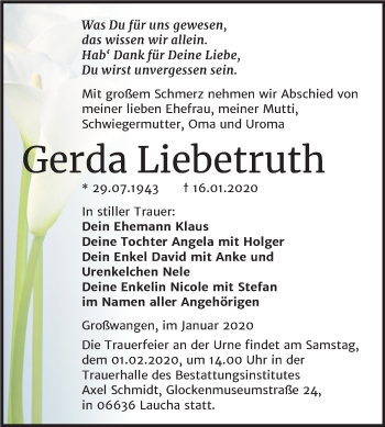 Traueranzeige von Gerda Liebetruth von Wochenspiegel Naumburg/Nebra