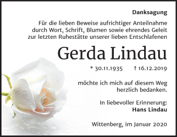 Traueranzeige von Gerda Lindau von Mitteldeutsche Zeitung Wittenberg