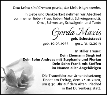 Traueranzeige von Gerda Maxis von Mitteldeutsche Zeitung Merseburg/Querfurt