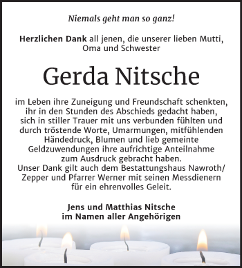 Traueranzeige von Gerda Nitsche von Wochenspiegel Bitterfeld