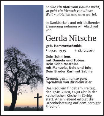 Traueranzeige von Gerda Nitsche von Wochenspiegel Bitterfeld