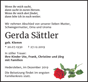 Traueranzeige von Gerda Sättler von Mitteldeutsche Zeitung Mansfelder Land