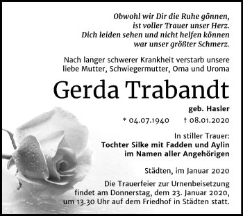 Traueranzeige von Gerda Trabandt von Wochenspiegel Naumburg/Nebra