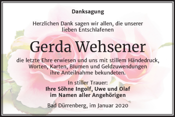 Traueranzeige von Gerda Wehsener von Mitteldeutsche Zeitung Merseburg/Querfurt
