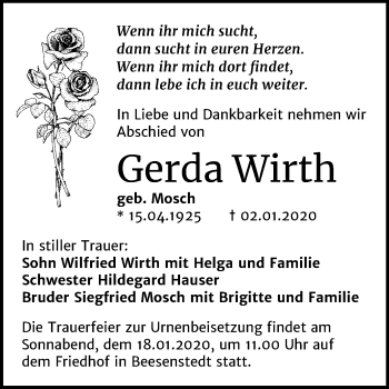 Traueranzeige von Gerda Wirth von Mitteldeutsche Zeitung Halle/Saalkreis