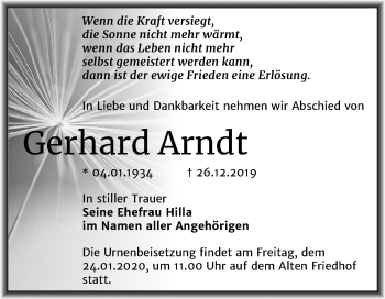 Traueranzeige von Gerhard Arndt von Super Sonntag Merseburg/Querfurt