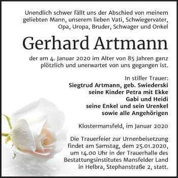 Traueranzeige von Gerhard Artmann von Mitteldeutsche Zeitung Mansfelder Land