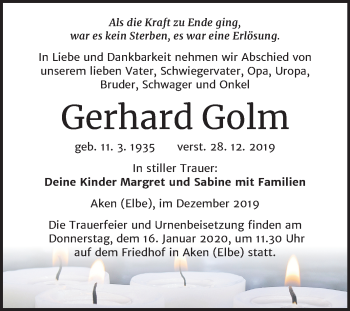 Traueranzeige von Gerhard Golm von Super Sonntag Köthen