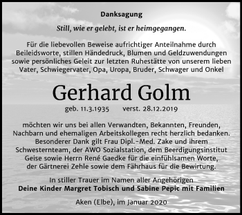 Traueranzeige von Gerhard Golm von Super Sonntag Köthen