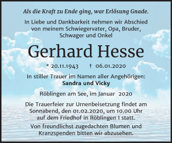 Traueranzeige von Gerhard Hesse von Mitteldeutsche Zeitung Mansfelder Land