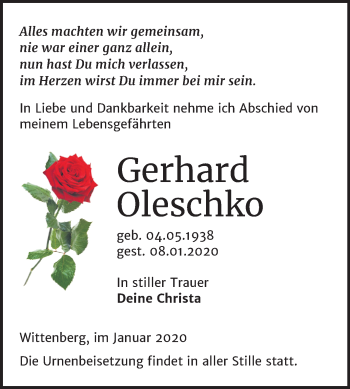 Traueranzeige von Gerhard Oleschko von Super Sonntag Wittenberg