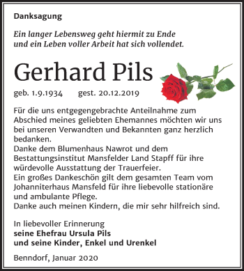 Traueranzeige von Gerhard Pils von Mitteldeutsche Zeitung Mansfelder Land