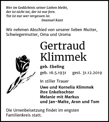 Traueranzeige von Gertraud Klimmek von Super Sonntag Köthen