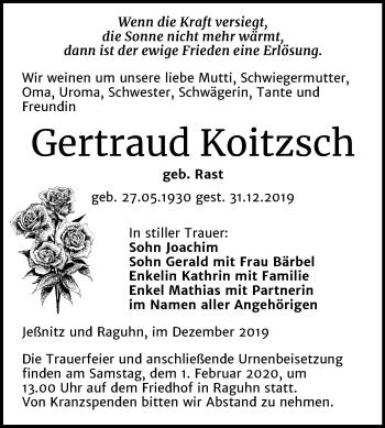 Traueranzeige von Gertraud Koitzsch von Wochenspiegel Bitterfeld