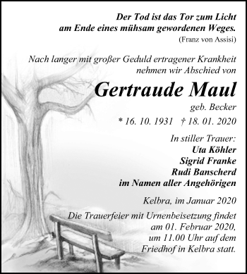 Traueranzeige von Gertraude Maul von Mitteldeutsche Zeitung Sangerhausen