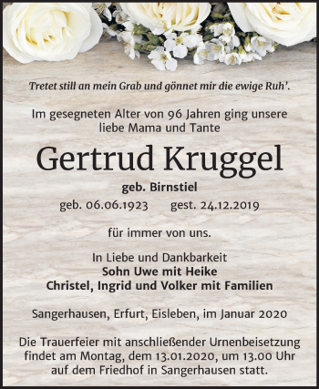 Traueranzeige von Gertrud Kruggel von Super Sonntag Sangerhausen