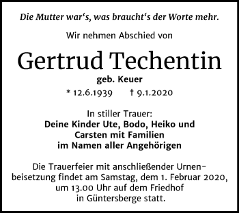 Traueranzeige von Gertrud Techentin von Super Sonntag Quedlinburg