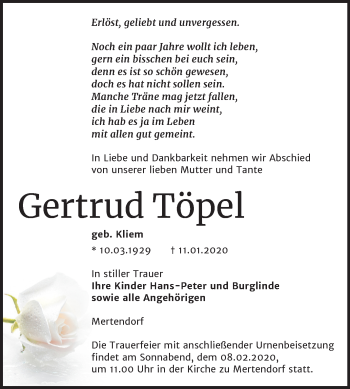 Traueranzeige von Gertrud Töpel von Wochenspiegel Naumburg/Nebra