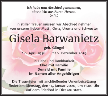 Traueranzeige von Gisela Barwanietz von Mitteldeutsche Zeitung Halle/Saalkreis
