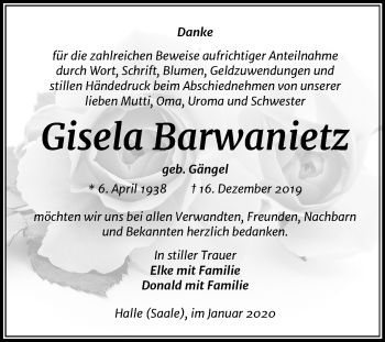 Traueranzeige von Gisela Barwanietz von Mitteldeutsche Zeitung Halle/Saalkreis